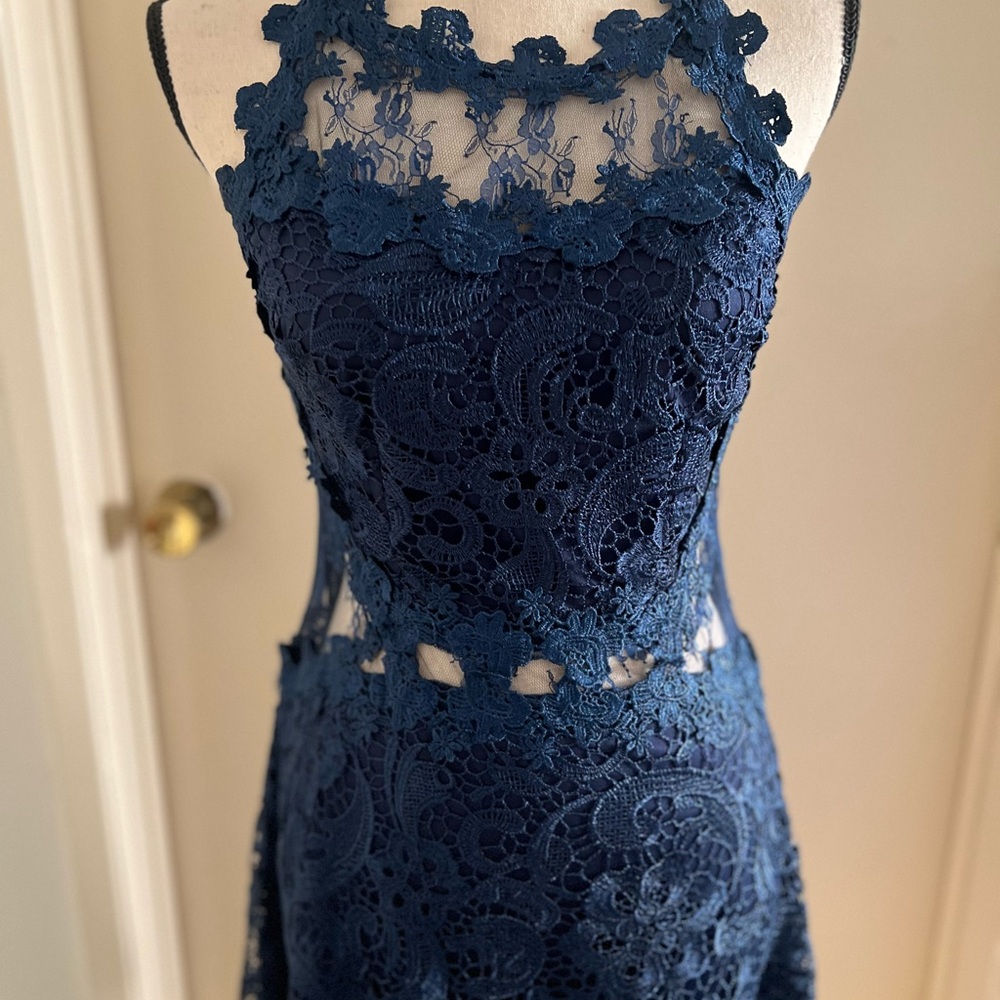 Soieblu Blue Lace Yoke & Mesh Sleeveless Embroidery Detail Mini Dress